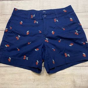 St. Johns Bay Womens Shorts Navy Blue Cherry Embroidered Mid Rise Size 8.